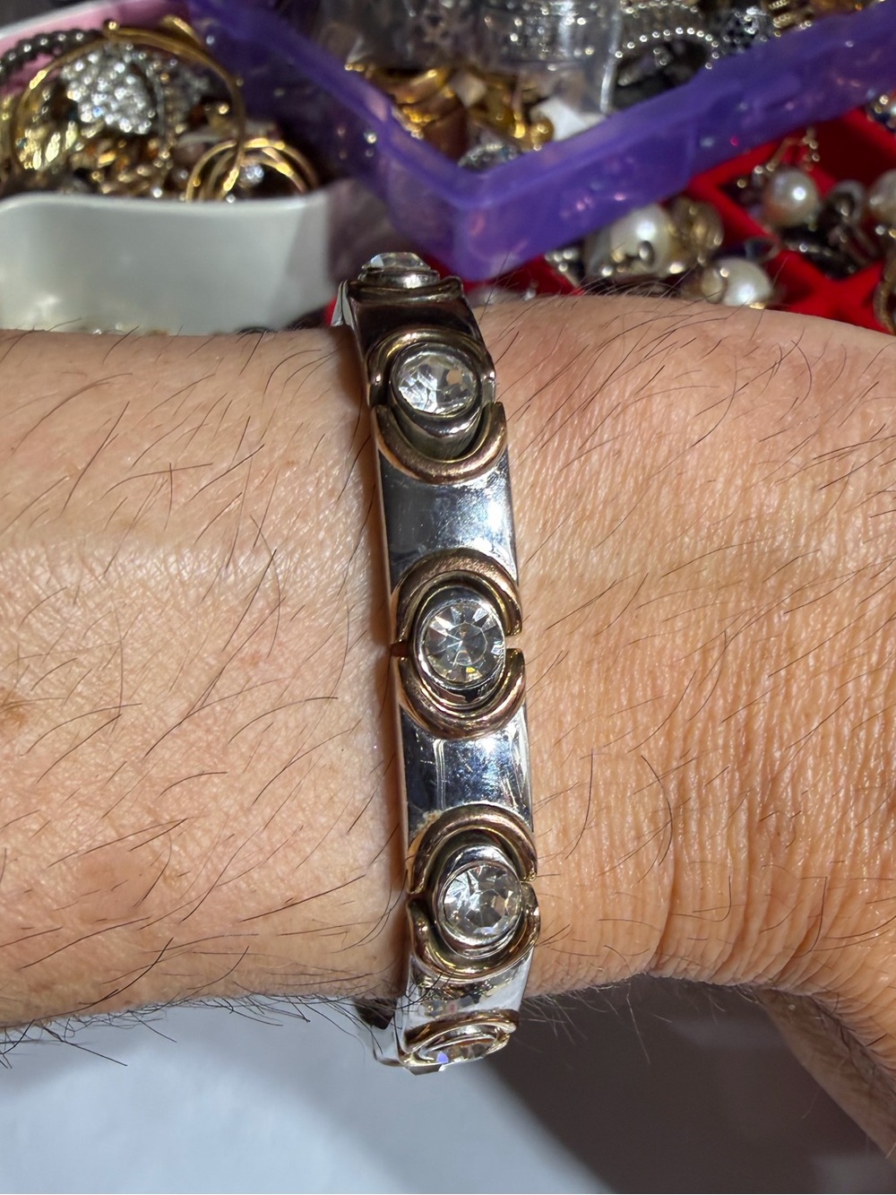 Vintage Two Tone Crystal Link Bracelet Size 7.5”